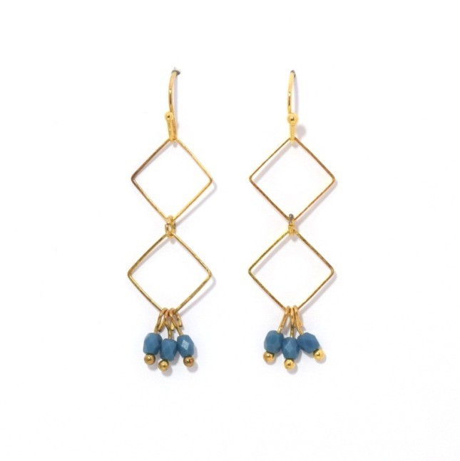 Vente au détail KIT Boucle d'oreilles carrée bleu vert et OR crochet dormeuse carré et perles noires
