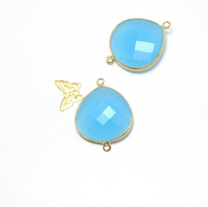 Vente grand connecteur or bleu turquoise -triangle ovale en verre à facette sertis laiton or 25x25-32x5 mm, Trou: 1,8 mm
