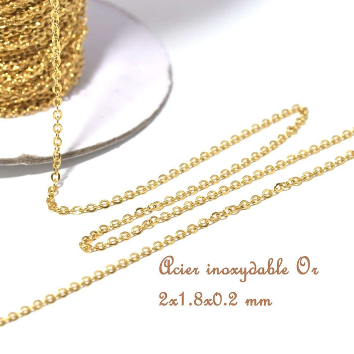 Vente en gros 50 cm chaine acier inoxydable OR maille forcat 2x1.8x0.2 mm , ideal pour des pendentifs ou sautoir, bracelet