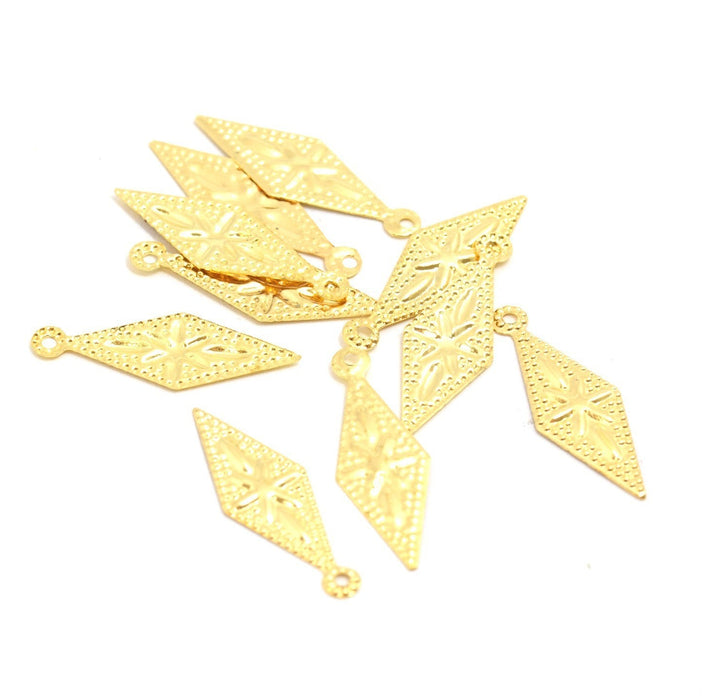Vente au détail breloques losange gravés OR X 10 en laiton 21X7,5 mm apprêt pour bijoux