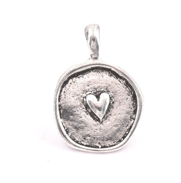 Pendentif, Médaille Ronde Coeur Plaqué Couleur Argent Vieilli 24mm (1)