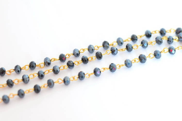 Acheter au détail 95 cm chaine avec perles bleu noir à facettes perles de taille 5x3 mm maillon or faite à la main création de bijoux