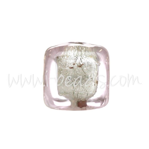 Acheter Perle de Murano cube cristal rose clair et argent 6mm (1)