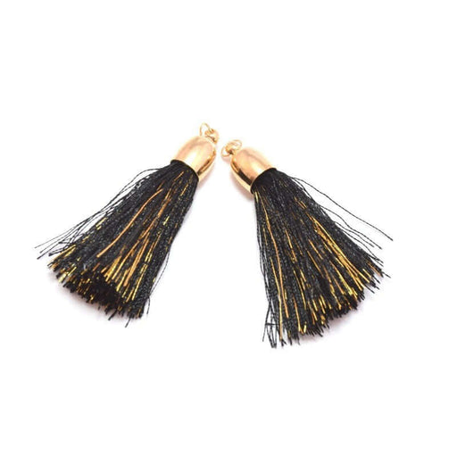 Acheter 2 pompons 4,5 cm noir et or avec embout et anneau. Taille 4,5 cm pour bijoux, couture ou déco de sacs, coussins,...