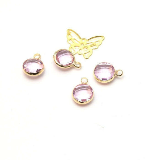 Vente 1 pendentif or 12x8x4 mm, Trou: 2 mm et verre à facettes rose parme cristal avec contours dorés