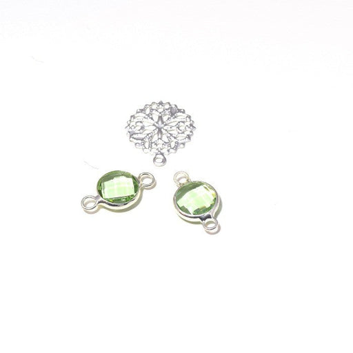 Vente en gros Joli connecteur argent et vert clair cristal rond en verre à facette sertis laiton argent 15x9x5 mm