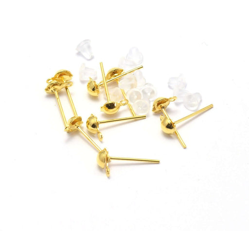 Vente en gros 10 paires de puces à oreilles dorées 13mm boule : 4 mm support boucles d'oreilles lot de 20 unités avec embouts