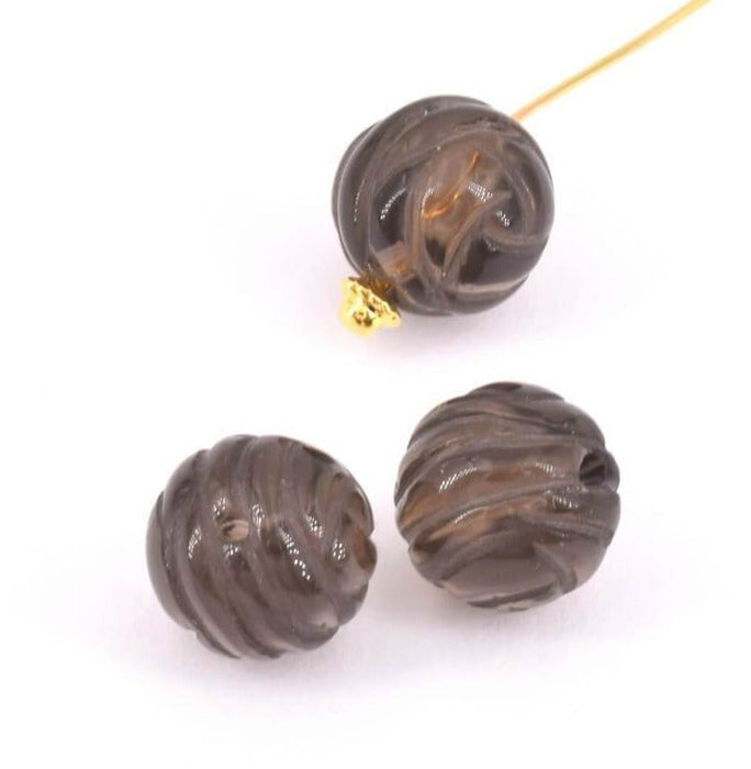 Vente Perles rondes sculptées en Quartz fumé 11mm, trou 1mm (2)